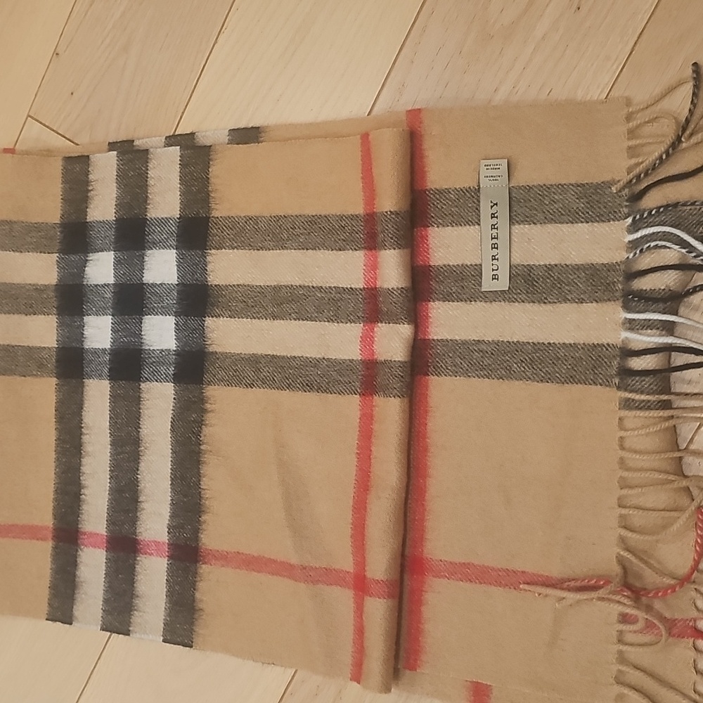 Burberry Camel Checkered Scarf with Red and Black